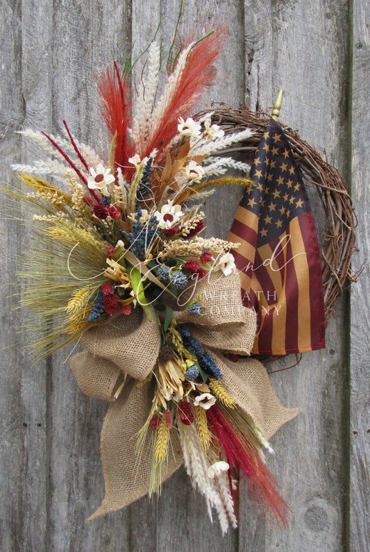 Lincoln Patriotic Wreath with Tea Stained Flag