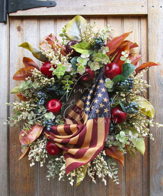 Old Sturbridge Cottage Wreath with Tea Stained Flag