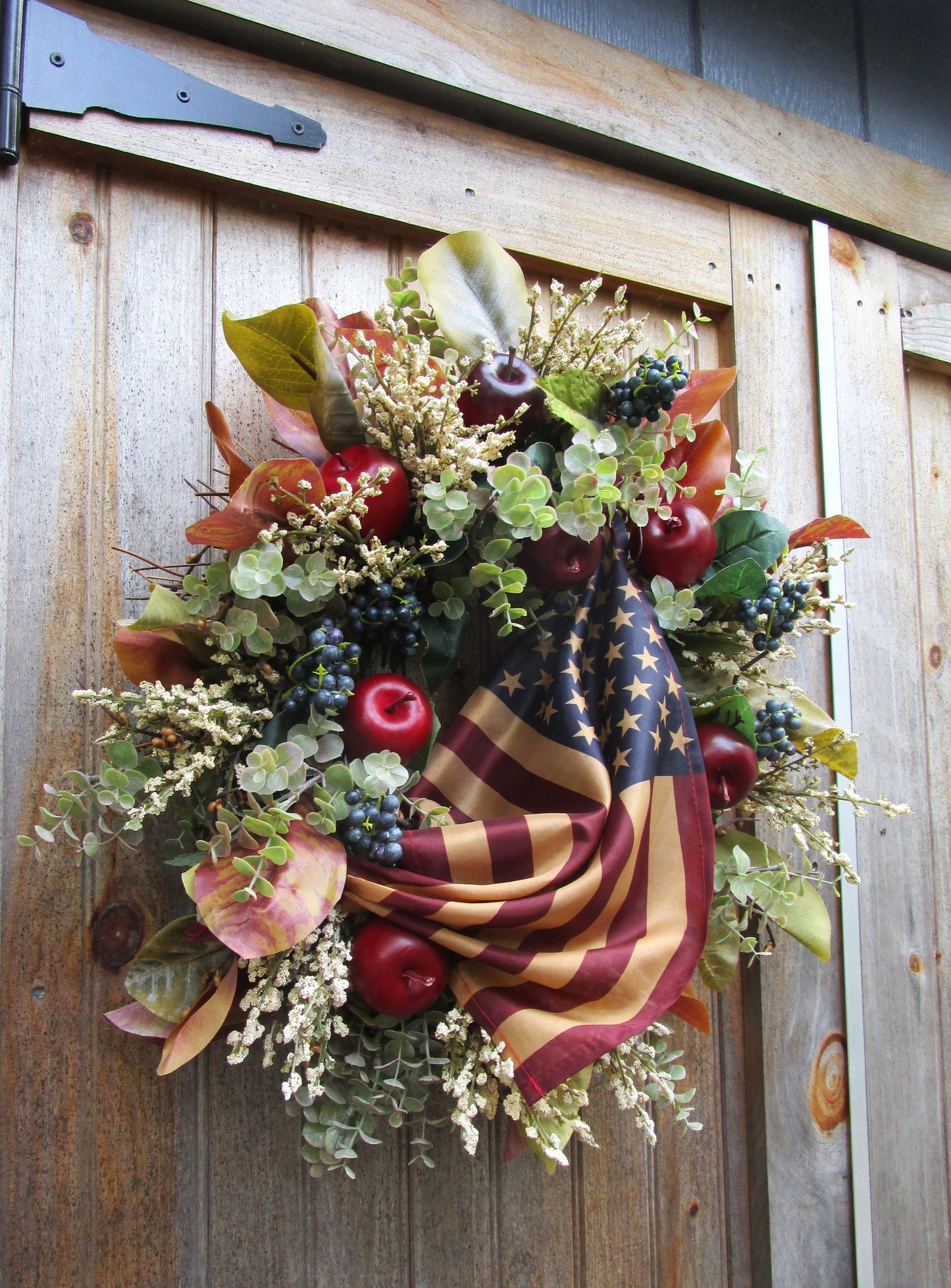 Old Sturbridge Cottage Wreath with Tea Stained Flag