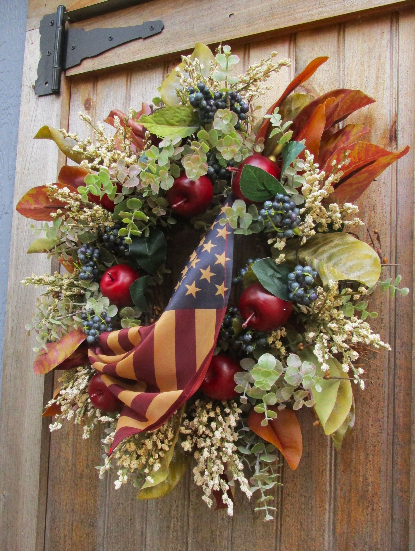 Old Sturbridge Cottage Wreath with Tea Stained Flag