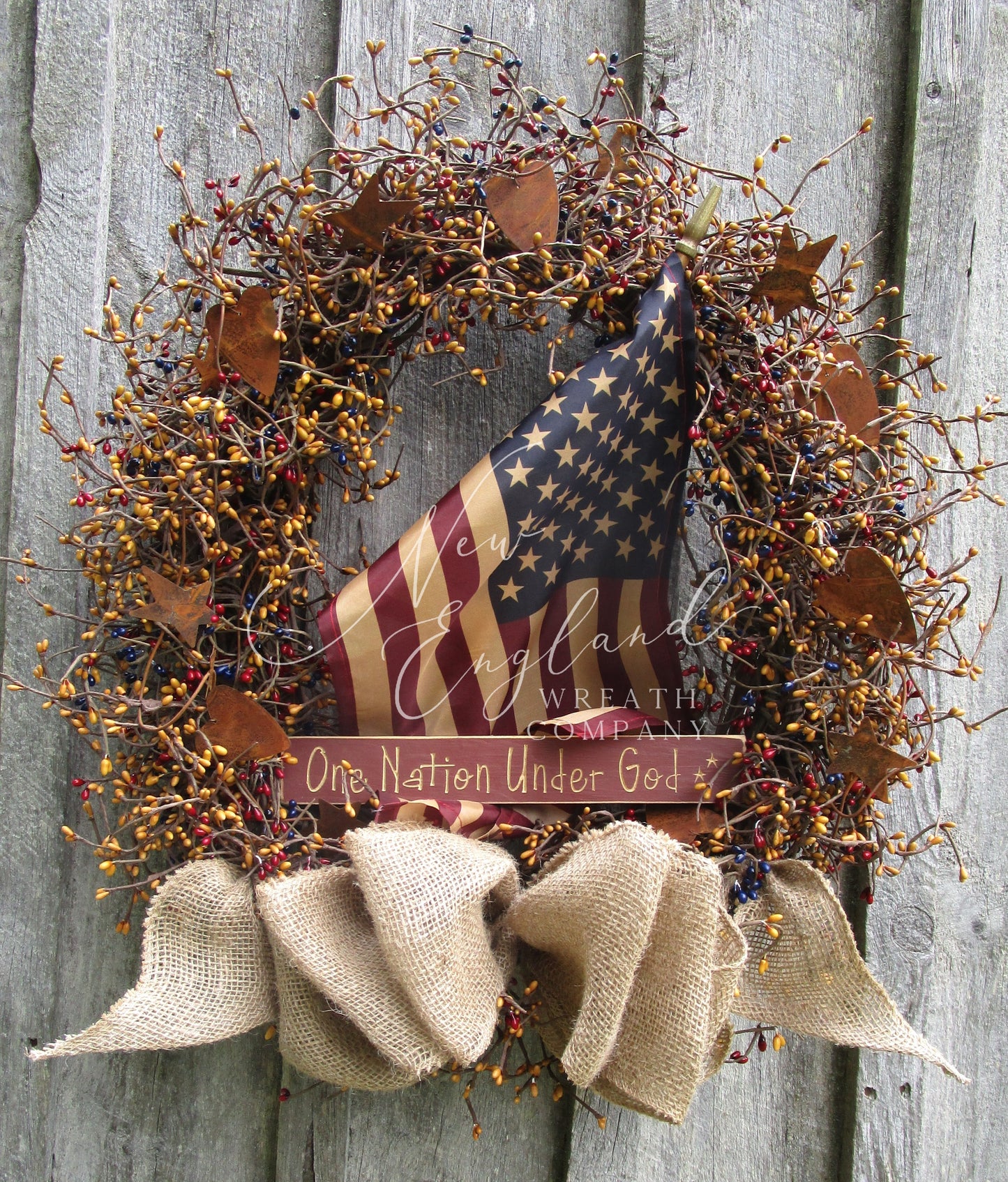 "One Nation Under God" Patriotic Wreath with Tea Stained Flag