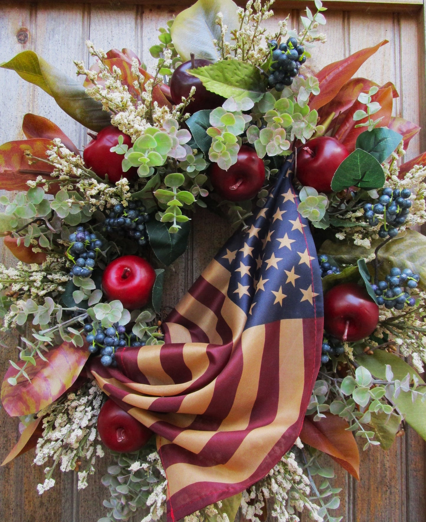 Old Sturbridge Cottage Wreath with Tea Stained Flag