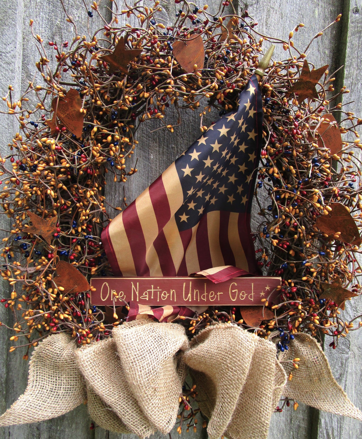 "One Nation Under God" Patriotic Wreath with Tea Stained Flag