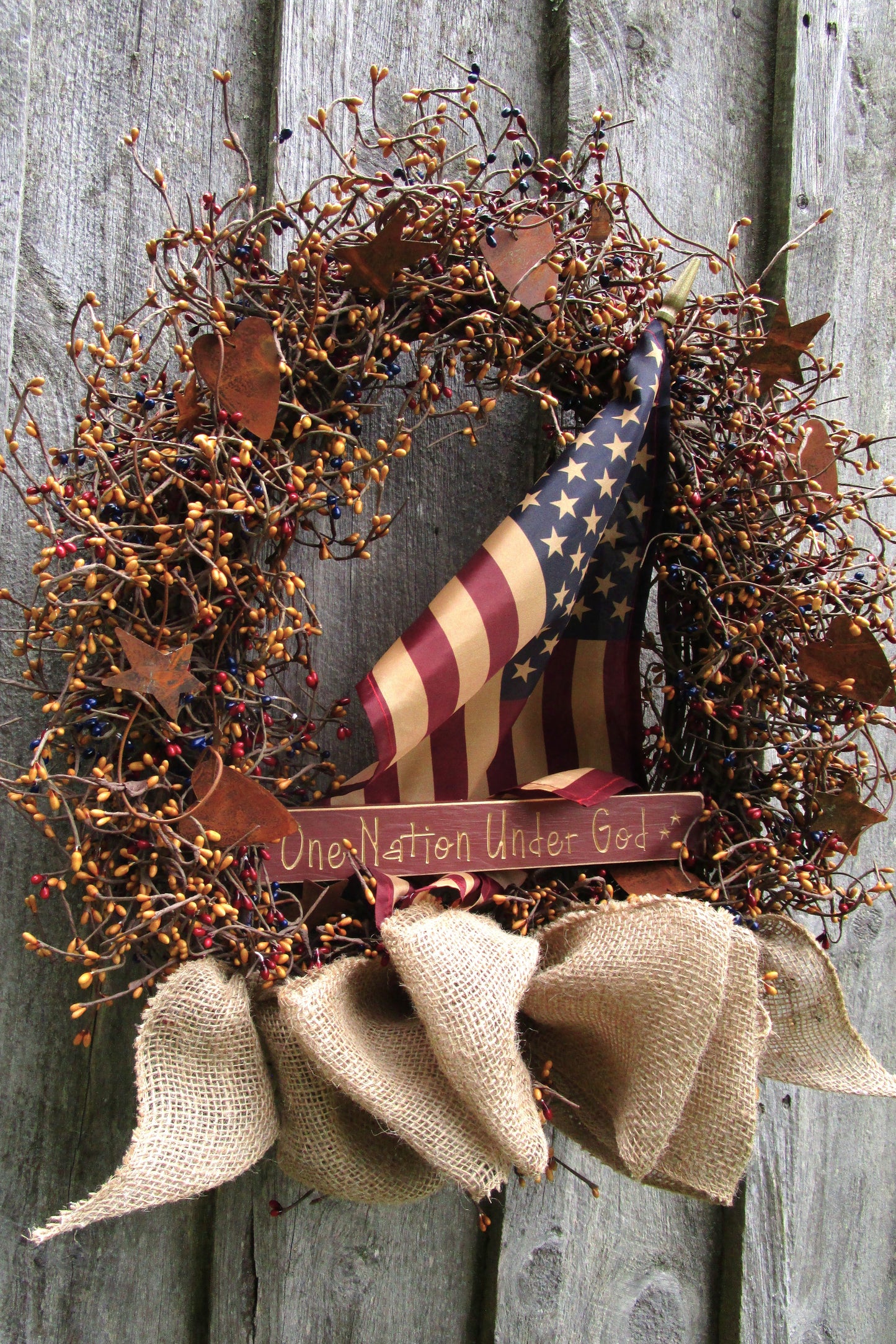 "One Nation Under God" Patriotic Wreath with Tea Stained Flag