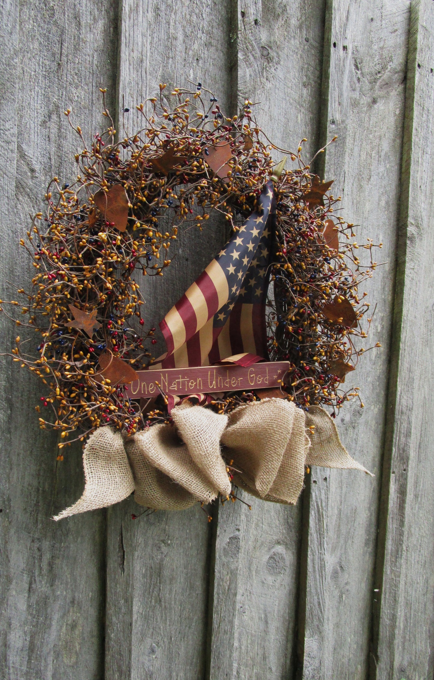 "One Nation Under God" Patriotic Wreath with Tea Stained Flag