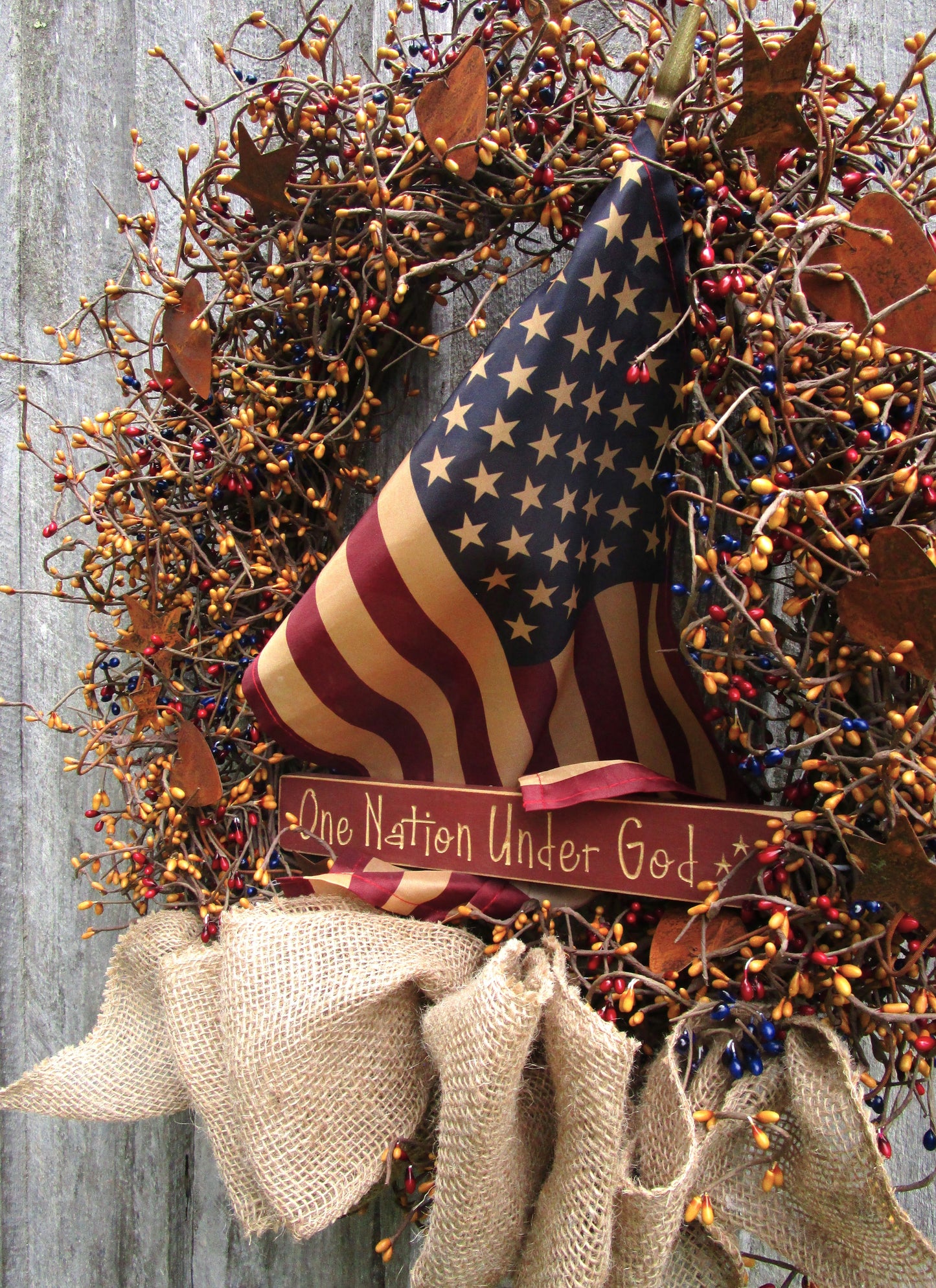 "One Nation Under God" Patriotic Wreath with Tea Stained Flag