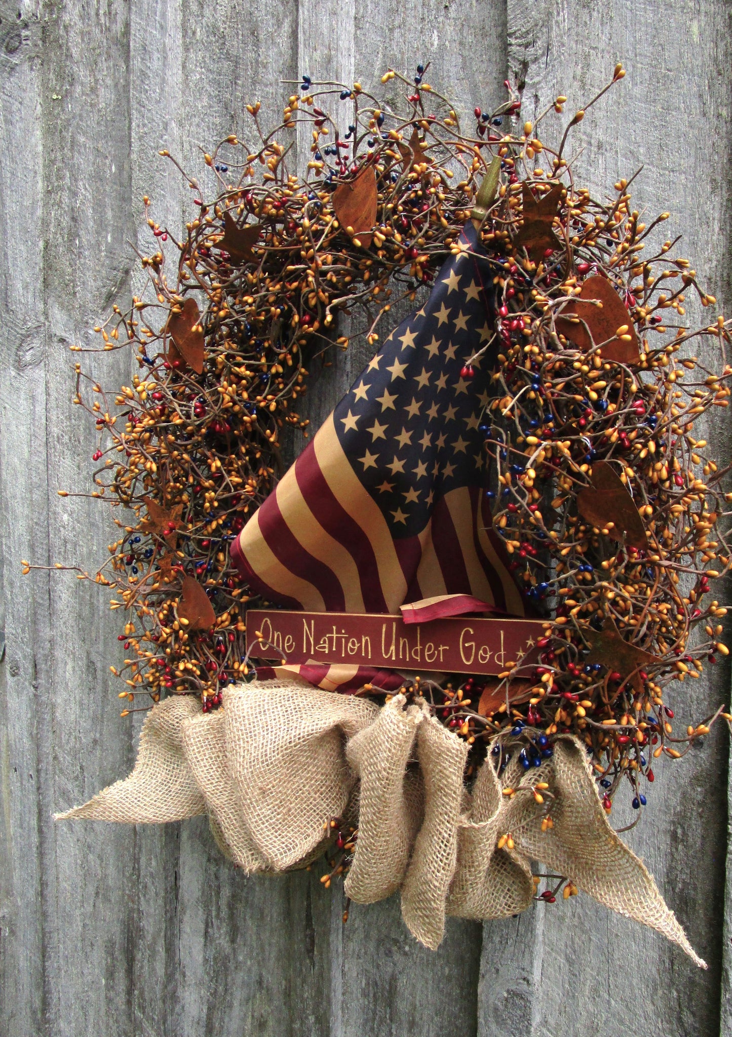 "One Nation Under God" Patriotic Wreath with Tea Stained Flag