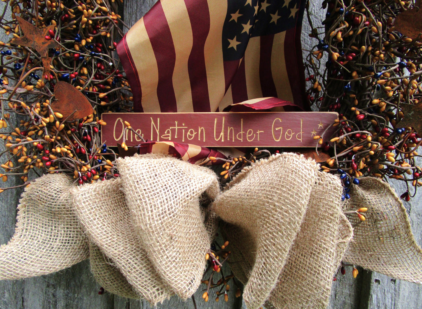 "One Nation Under God" Patriotic Wreath with Tea Stained Flag