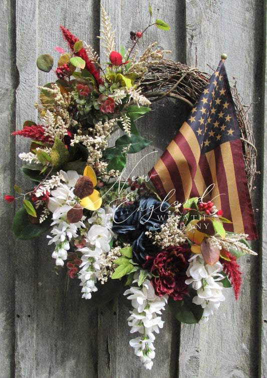 Needham Front Porch Wreath with Tea Stained Flag