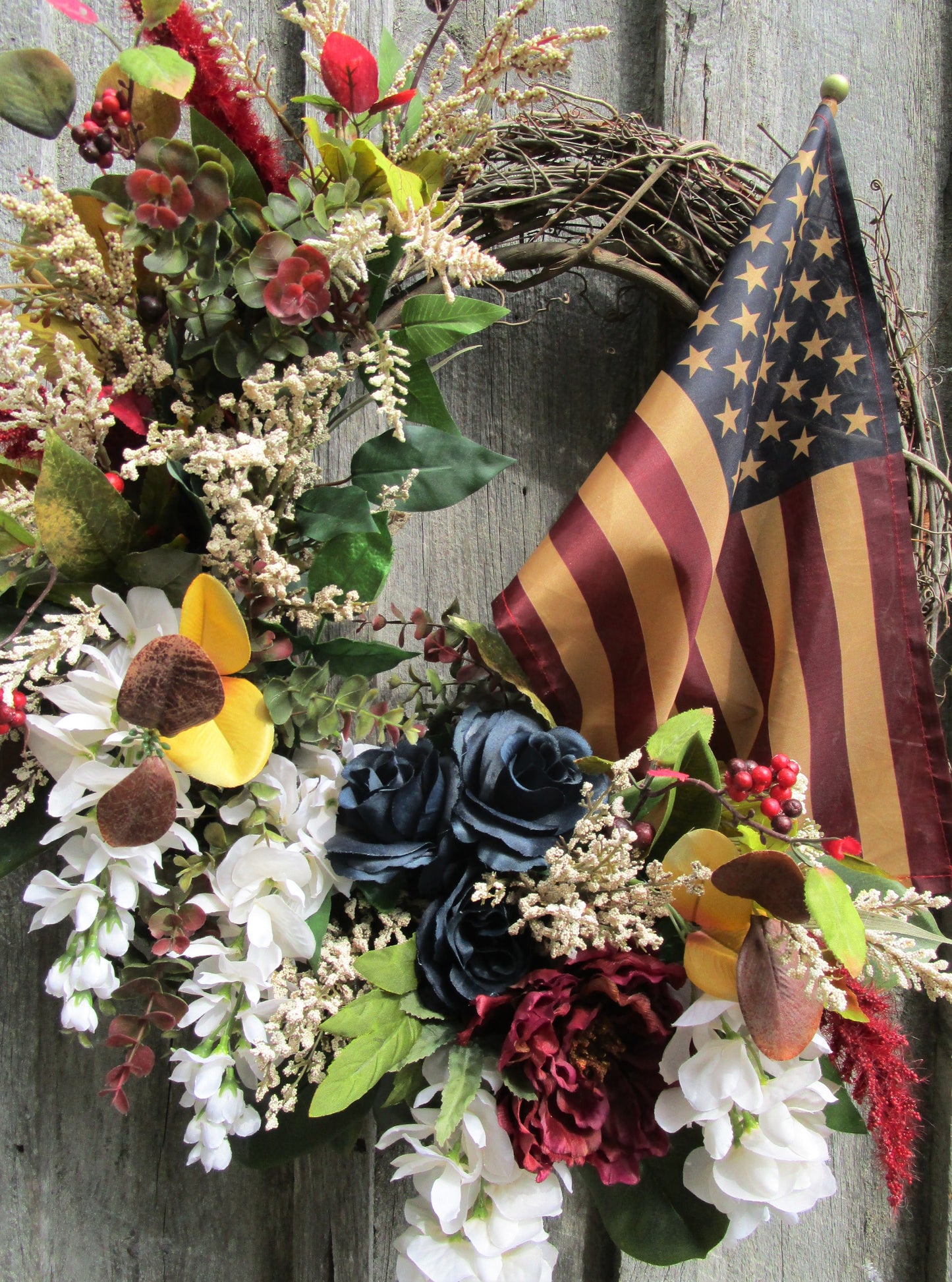 Needham Front Porch Wreath with Tea Stained Flag