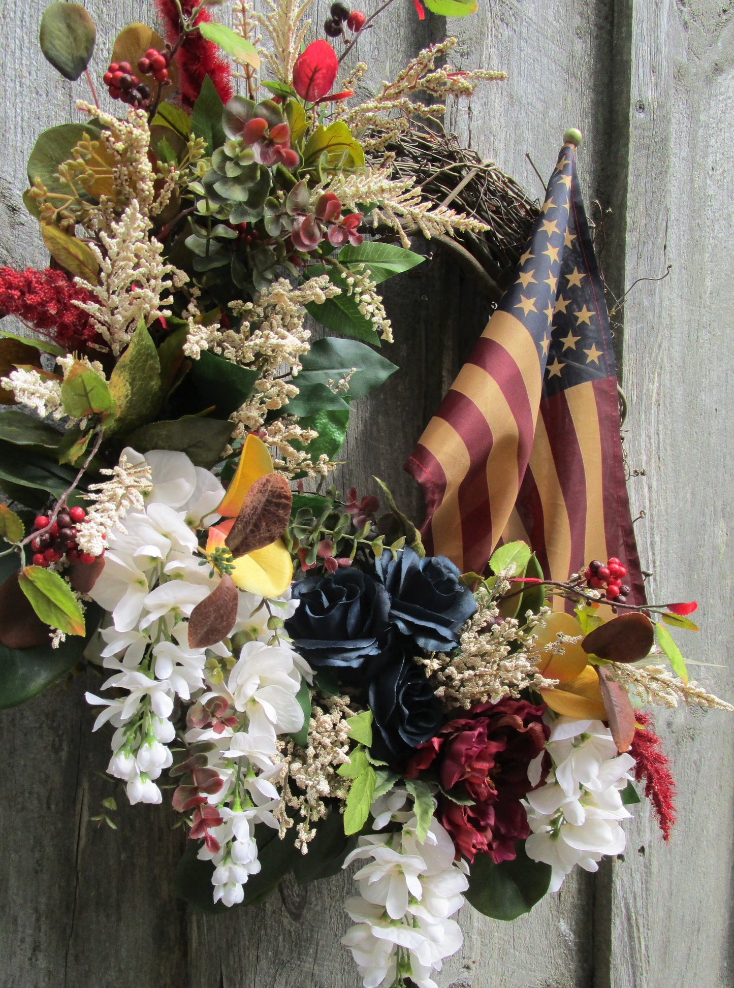 Needham Front Porch Wreath with Tea Stained Flag