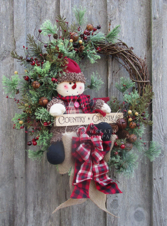 Country Christmas Snowman and Jingle Bell Wreath